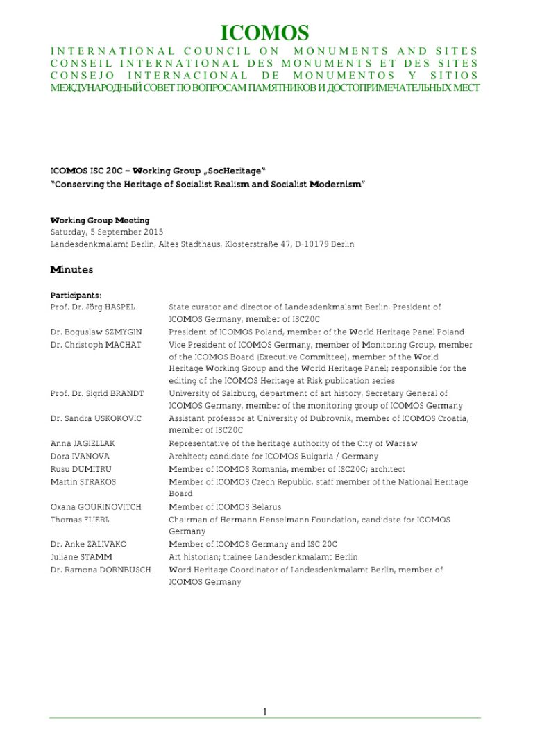 Minutes of the ISC20C SocHeritage working group meeting, Berlin, 2015