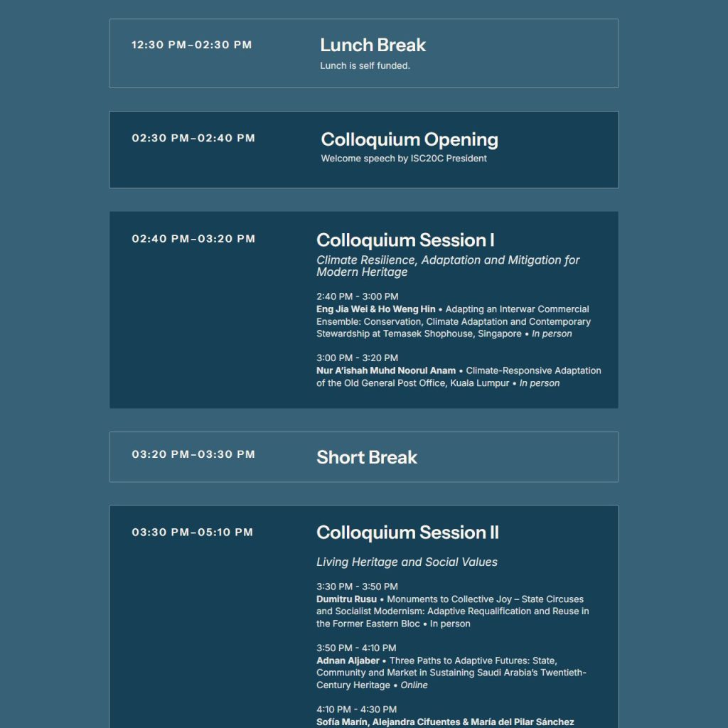 Timetable of the ISC20C Annual Colloquium 2026: Session II, Living Heritage and Social Values, 3:30 PM, Dumitru Rusu – Monuments to Collective Joy
